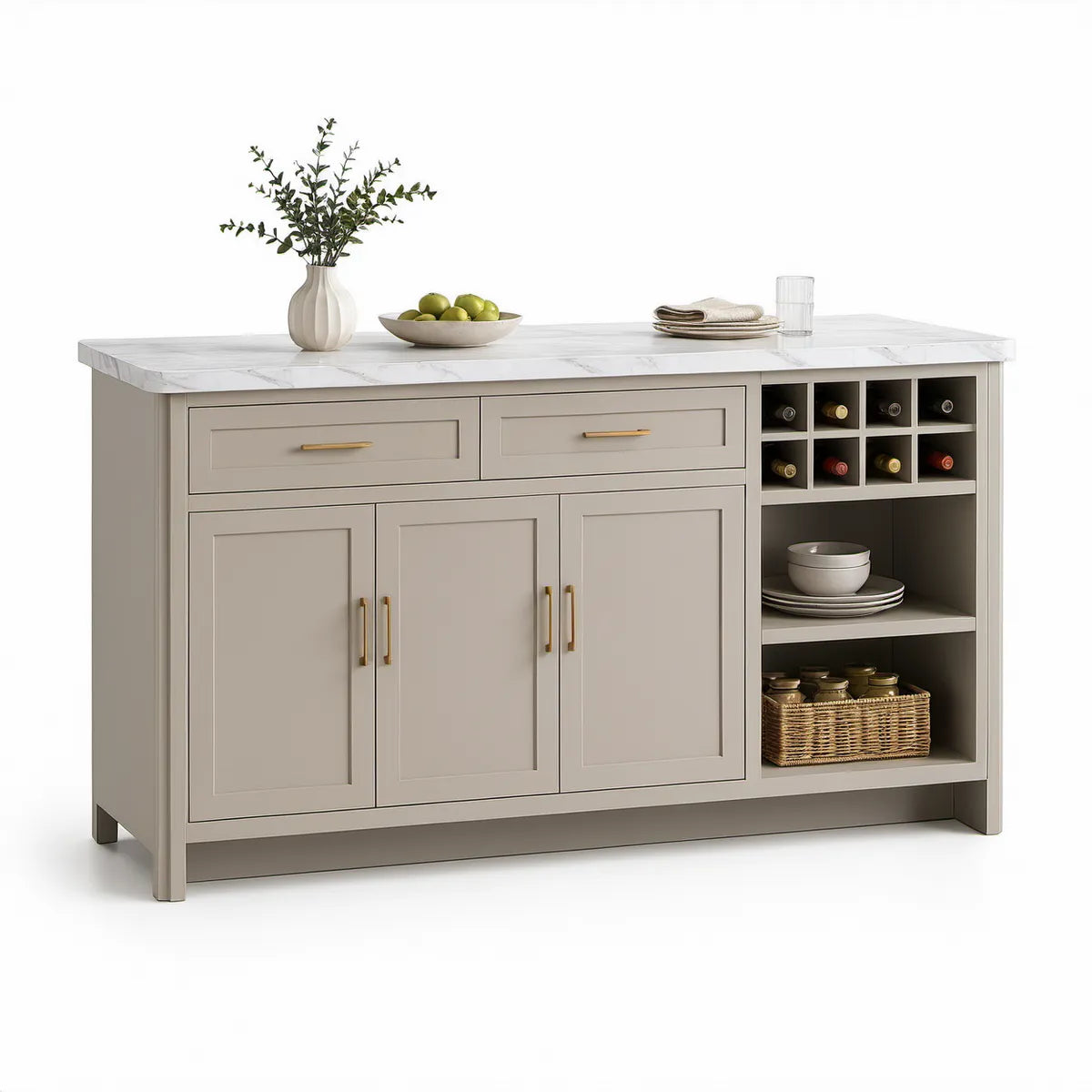 Kuchyňský ostrůvek s úložným prostorem, stojanem na 8 lahví a pracovní deskou 150 × 75 × 91 cm, béžový