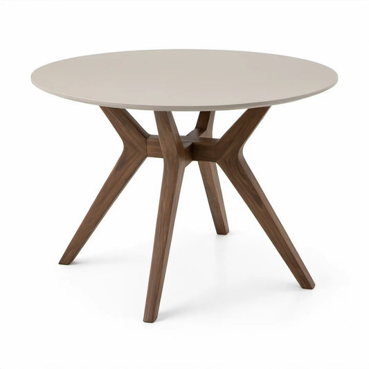 Kulatý jídelní stůl z MDF a masivního kaučukovníku, bílý/ořechový, Ø 120 × 75 cm