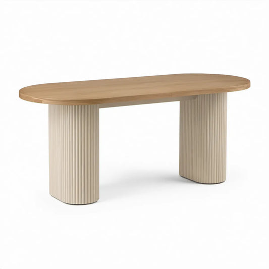 Oválný jídelní stůl 180 × 90 × 75 cm z MDF s dubovou dýhou, přírodní dub/béžová