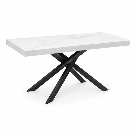 Jídelní stůl 160 × 90 × 75 cm s MDF deskou v dekoru bílého mramoru a černou ocelovou podnoží
